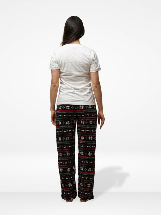 Women's White Round Neck T-Shirt & Fleece Pant Set