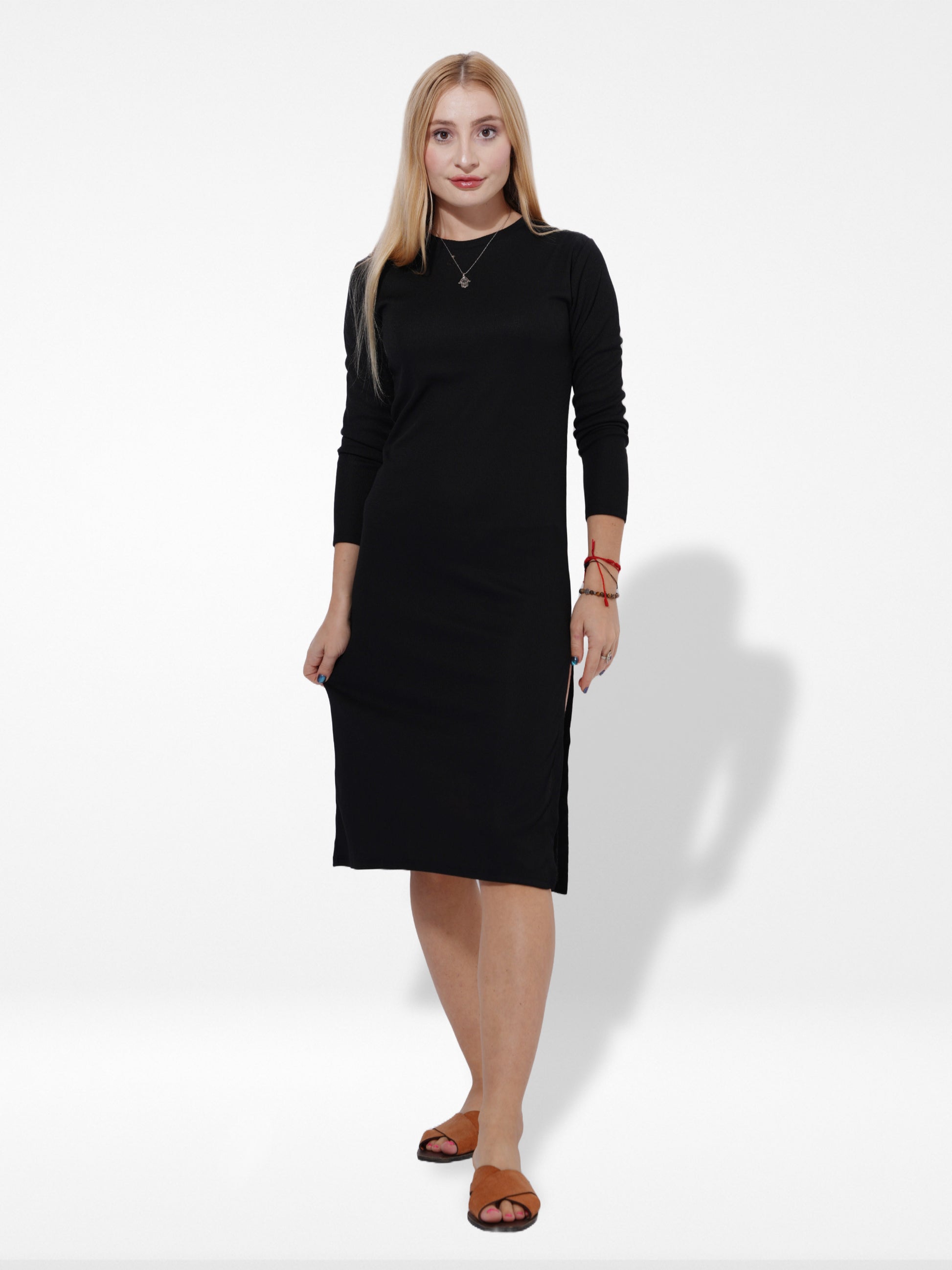 Petite Long Sleeve Split Detail Midi T-Shirt Dress - Inteblu™