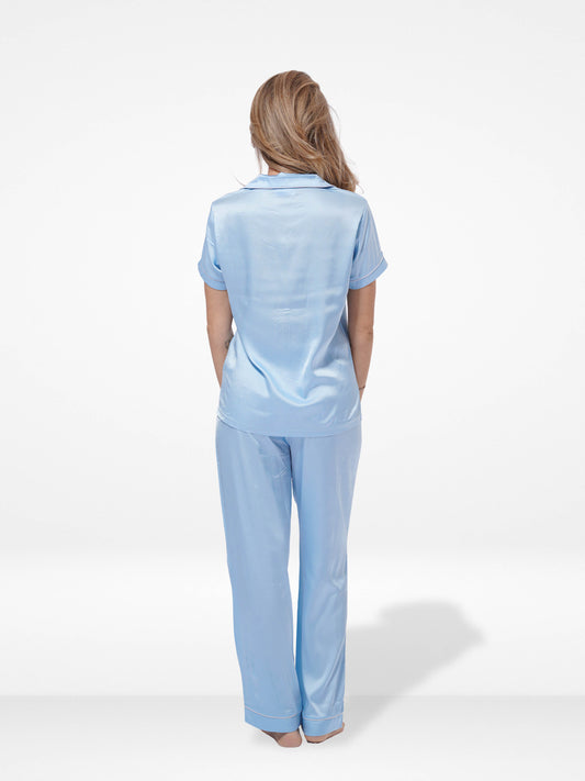 Satin Pyjama Set for Women - Contrast Piping, Notch Collar, Button Down, Short Sleeve &amp; Long Pant