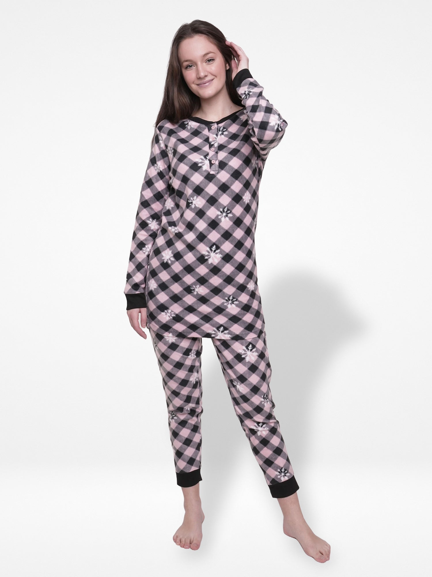 Women's Micro Fleece Pyjama Set Classy Check Christmas Print, Crew Nec