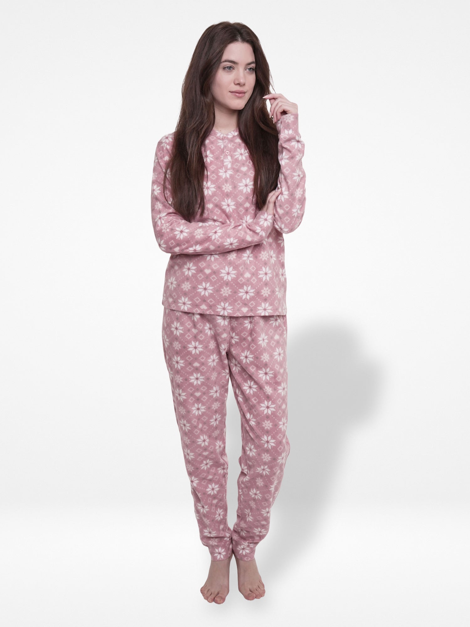 Women's Micro Fleece Flower Print Pyjama Set Long Sleeve Soft 2-Piece