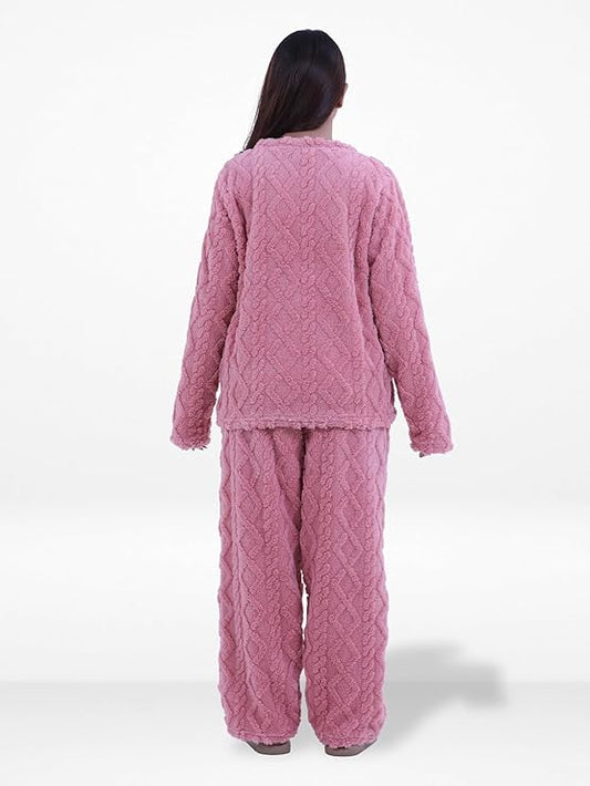 Women's Fur Fabric Pyjama Set Soft & Cozy 2-Piece Winter Lounge wear | Long Sleeve Sleepwear Top and Bottom Set