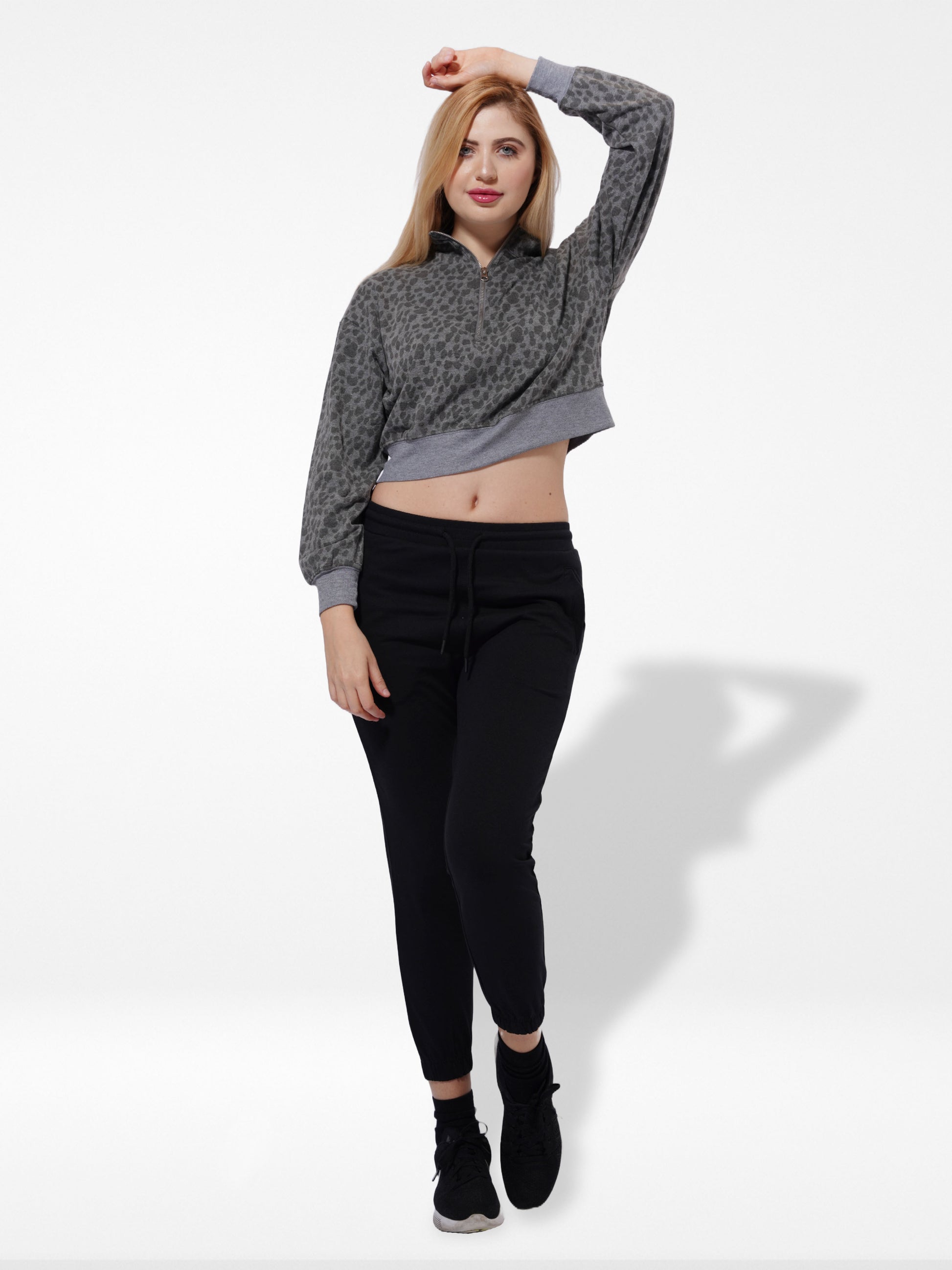 Ladies Cropped Sweat High Neck Sweatshirt In Black Color - Inteblu™