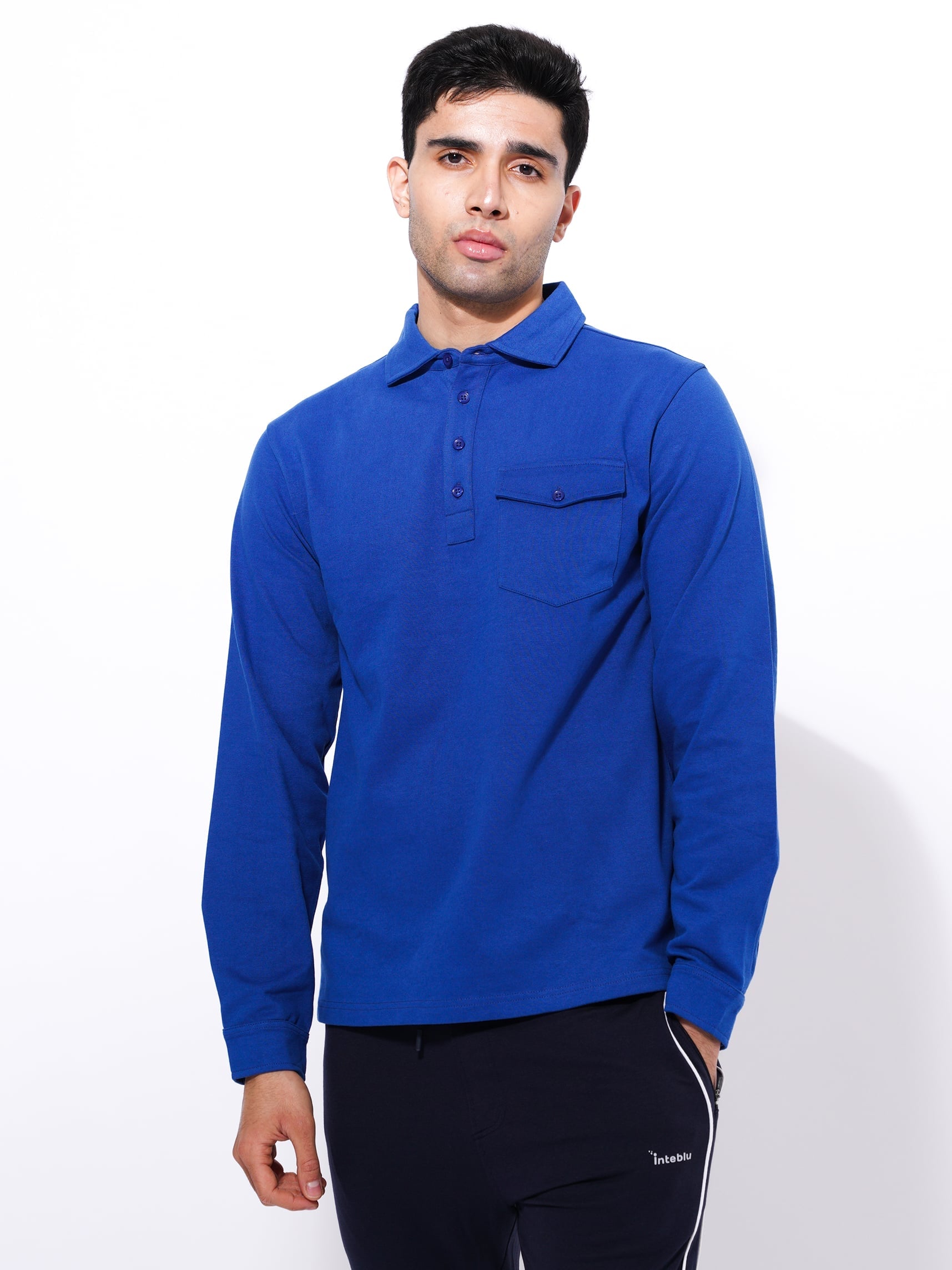 Men's Long Sleeve Player's  Button Polo Shirt | Blue Color - inteblu