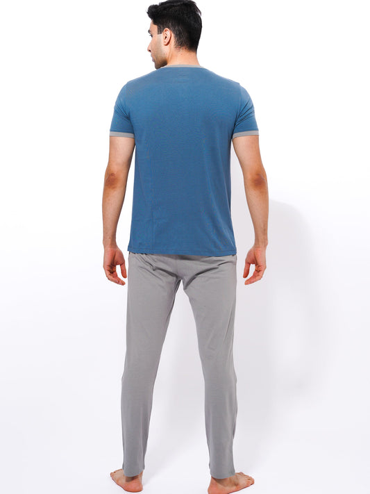 Men's Cotton Button T-Shirt & Full Pants Set |GOBLIN BLUE