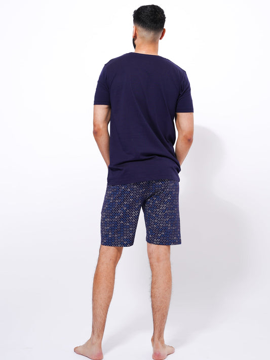 Slim Fit T-Shirt & Shorts Set - Printed Summer Outfit in Navy Color - inteblu