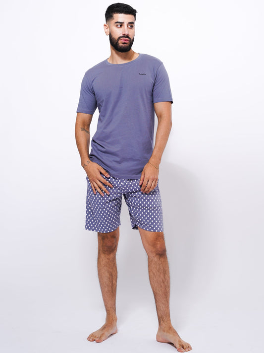 Slim Fit T-Shirt & Shorts Set - Printed Summer Outfit in Folkstone Gray Color - inteblu