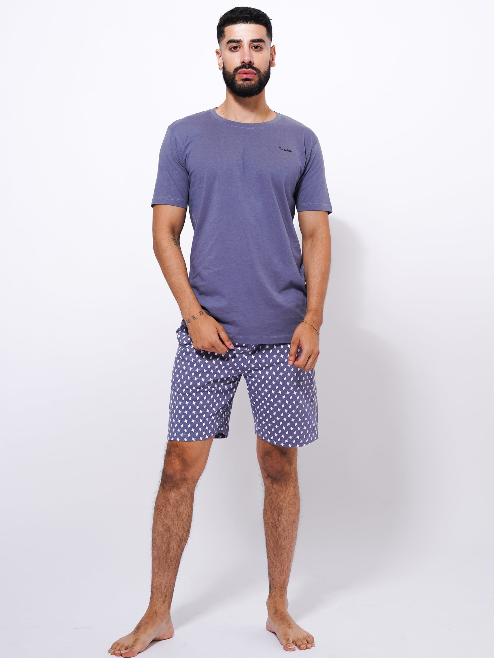 Slim Fit T-Shirt & Shorts Set - Printed Summer Outfit in Folkstone Gray Color - inteblu