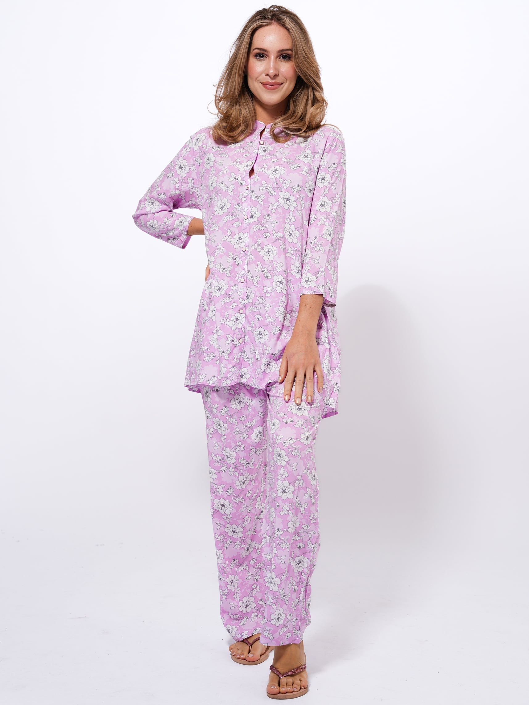 Women Lilac Purple & White Floral Print Night Suit |PJ Set - inteblu