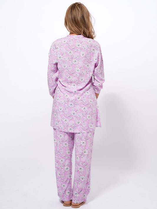 Women Lilac Purple & White Floral Print Night Suit |PJ Set - inteblu