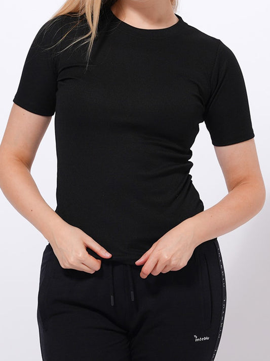 Women's Black Rib Short Sleeve T-Shirt - inteblu