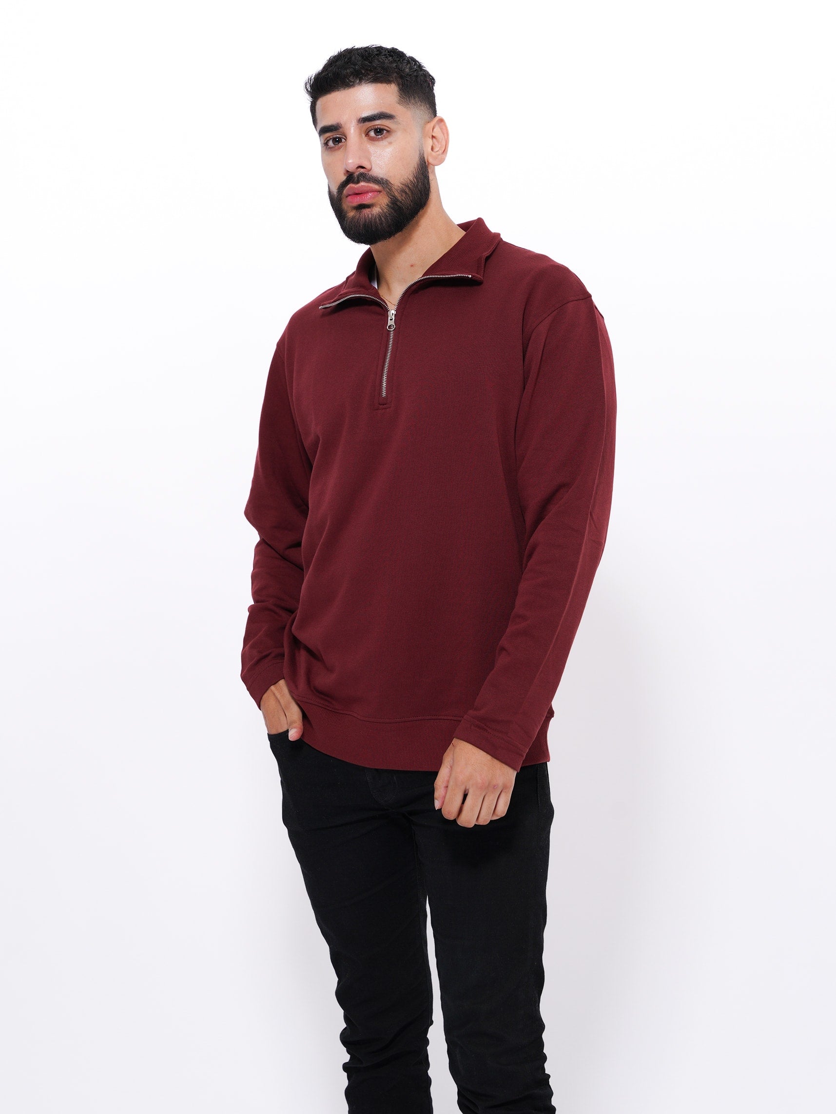 Men's Long Sleeve High Neck Sweatshirt | Wine Color - inteblu