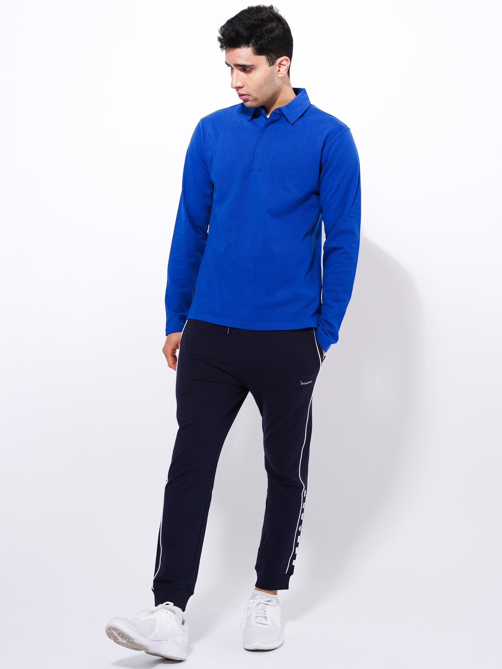Men's Long Sleeve Player's  Zipper Polo Shirt | Blue Color - inteblu