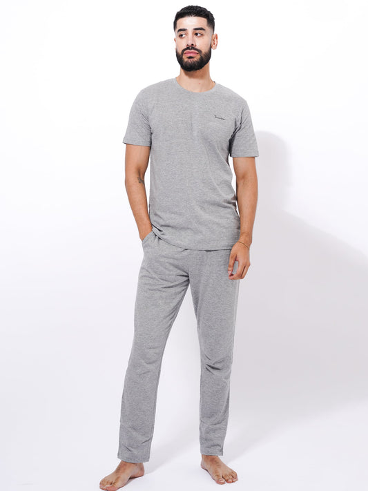 Men's Summer T-Shirt & Full Pants Set in Gray Mélange - inteblu