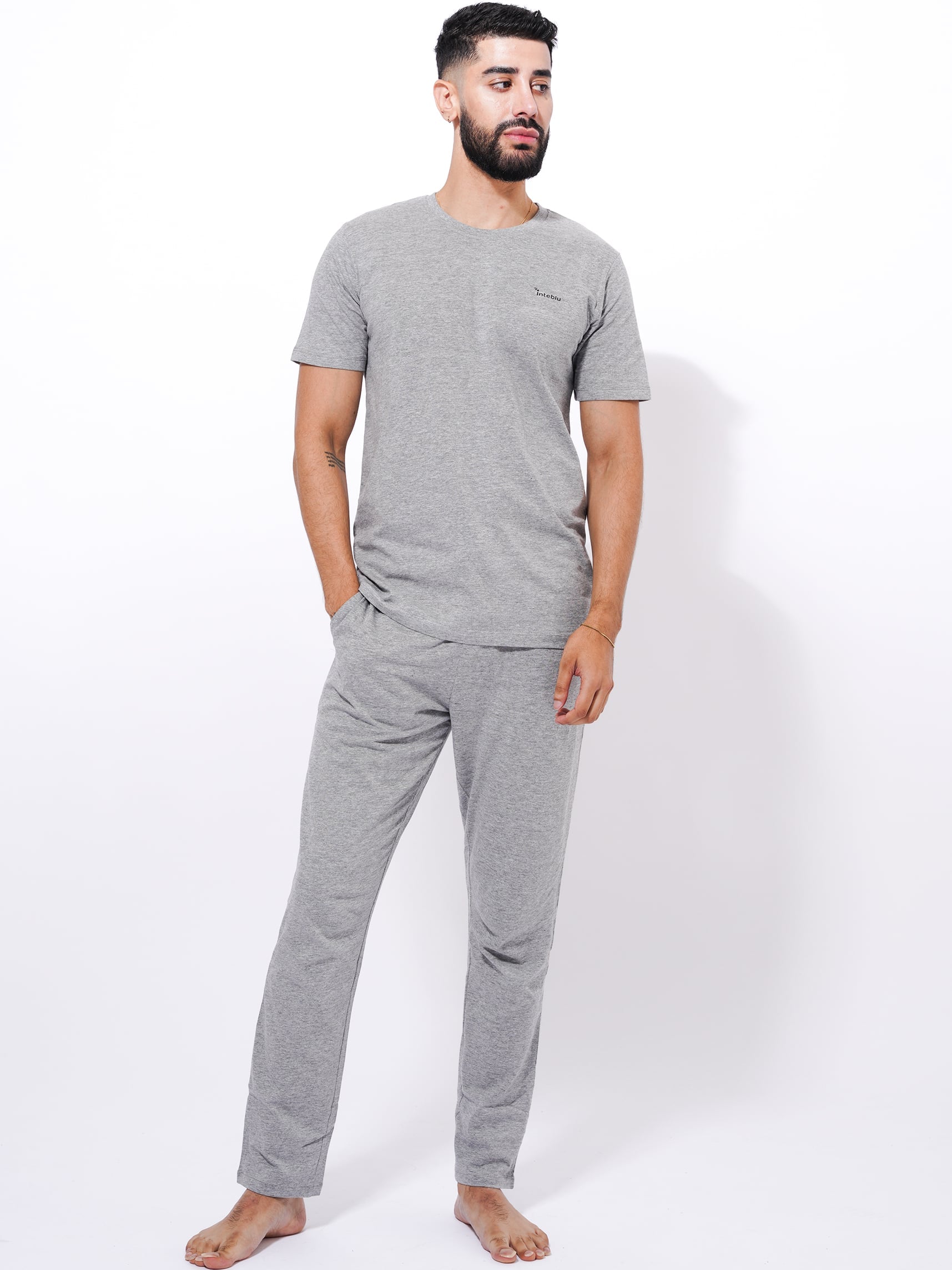 Men's Summer T-Shirt & Full Pants Set in Gray Mélange - inteblu