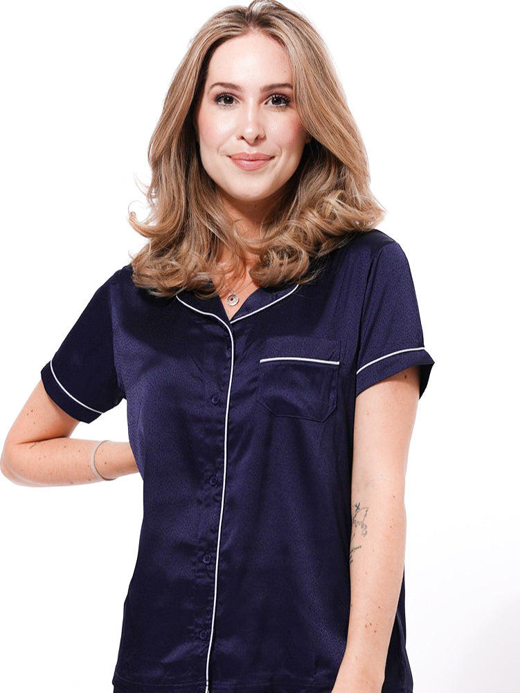 Jacquard Dobby Satin Women Sleepwear Notch collar sleepwear set in Satin fabric - inteblu