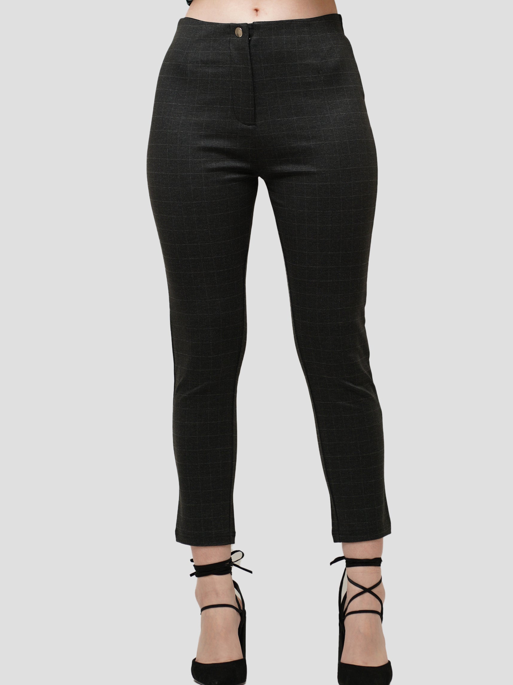 Women's Ponte Roma Pants Black Stretch Slim Fit Trousers with Metal Bu