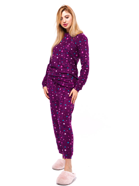 Micro Polar Fleece Maroon Print Women Sleepwear Long Sleeve Pyjama Set - inteblu