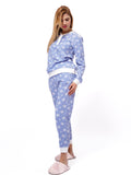 Micro Polar Fleece Blue Star Print Women Sleepwear Long Sleeve Pyjama Set - inteblu