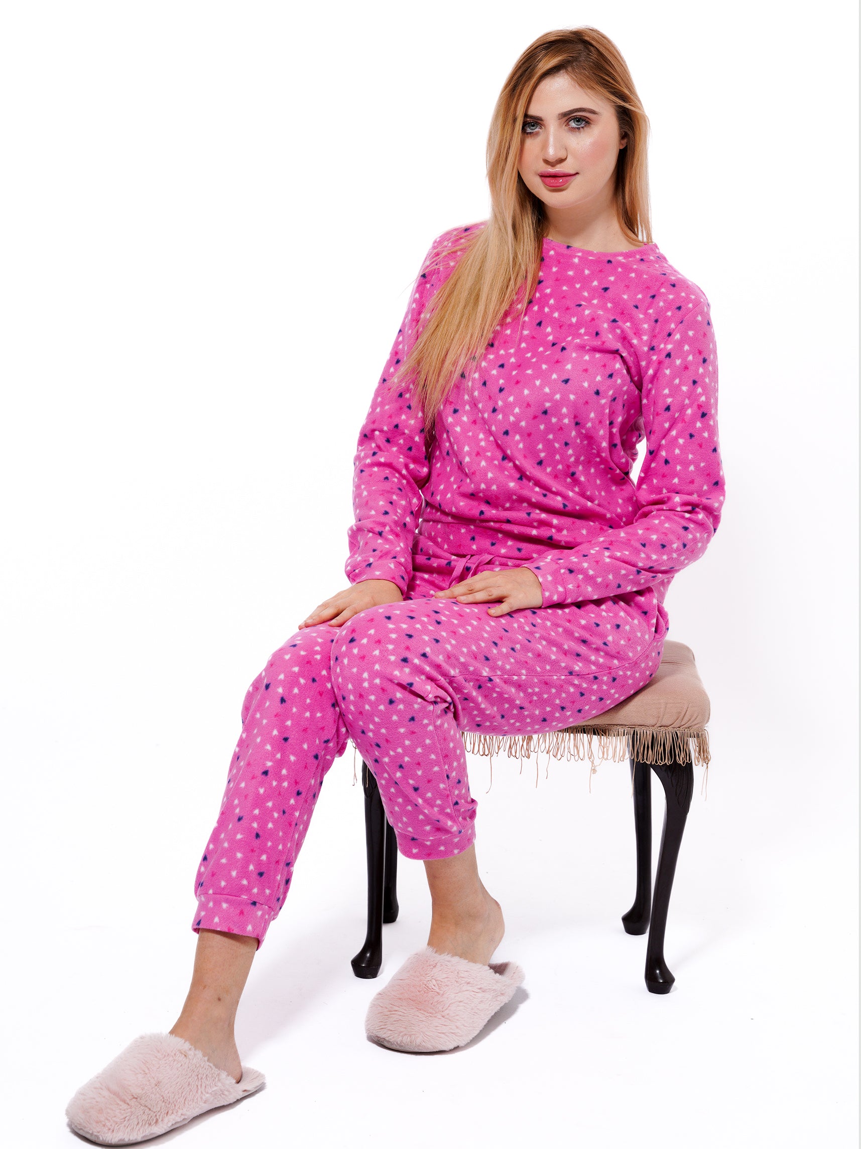 Micro Polar Fleece Pink Print Women Sleepwear Long Sleeve Pyjama Set - inteblu