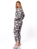 Micro Polar Fleece Grey Print Women Sleepwear Long Sleeve Pyjama Set - inteblu