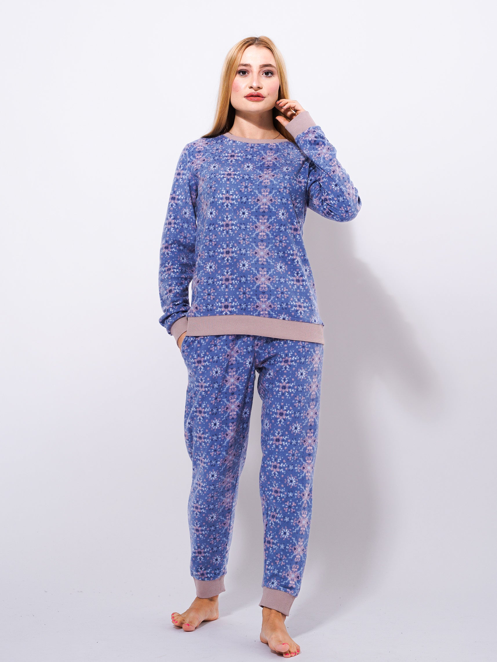 Micro Polar Fleece Blue christmas print Print Women Sleepwear Long Sleeve Pyjama Set - Inteblu™