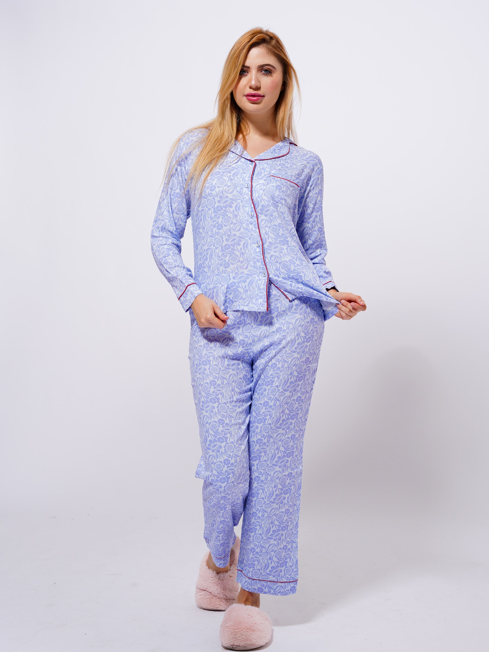 Women's viscose Printed Blue Floral Night Suit Set of Shirt & Pyjama, Night wear Dress - inteblu