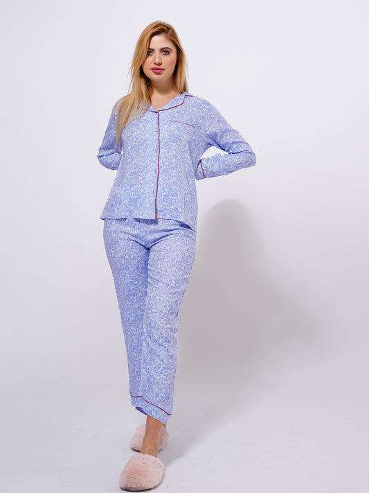 Women's viscose Printed Blue Floral Night Suit Set of Shirt & Pyjama, Night wear Dress - inteblu