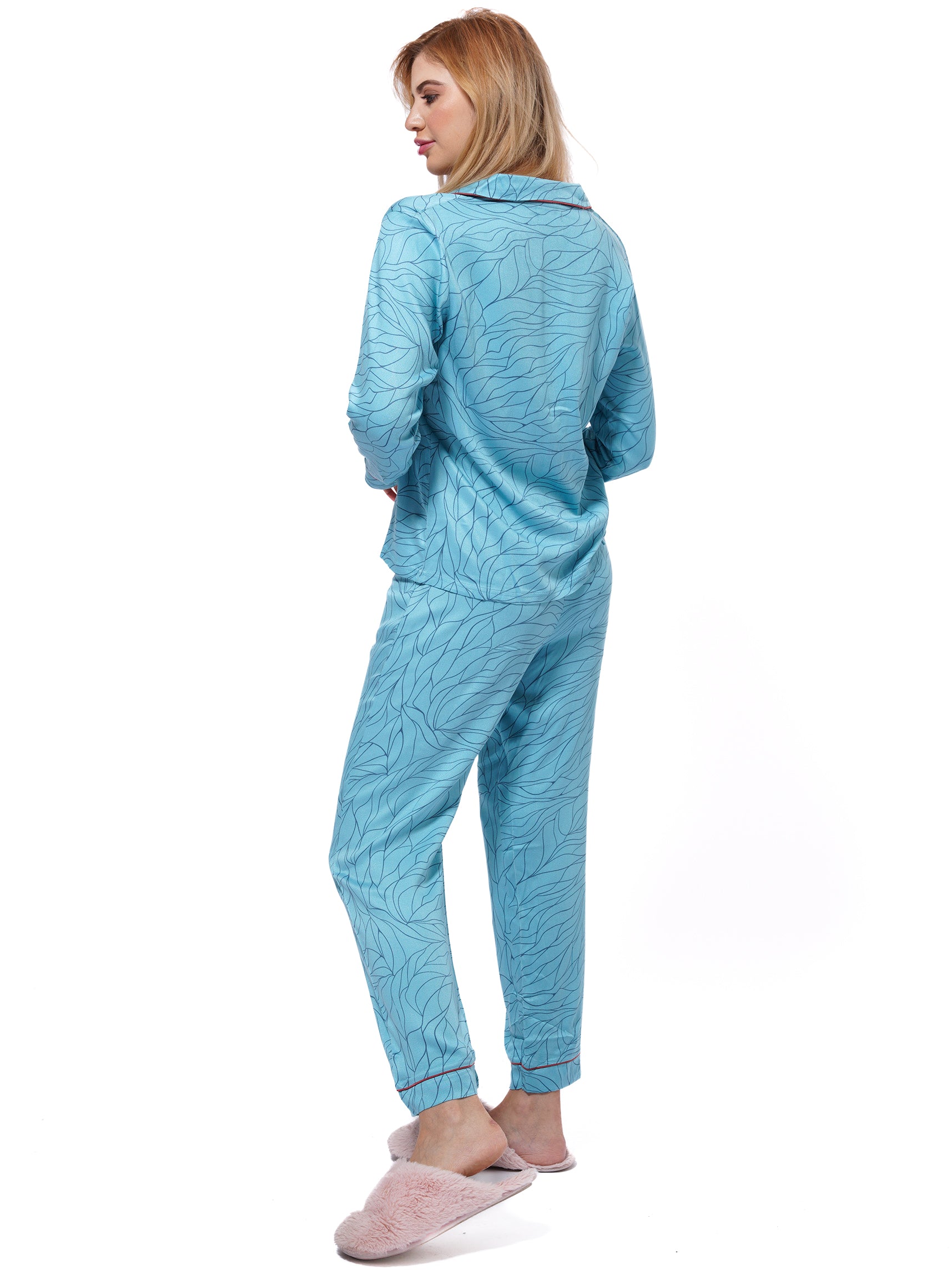 Women's Shiny Satin Blue Floral Printed Night Suit Set | Shirt and pajama, Nightwear Dress - inteblu