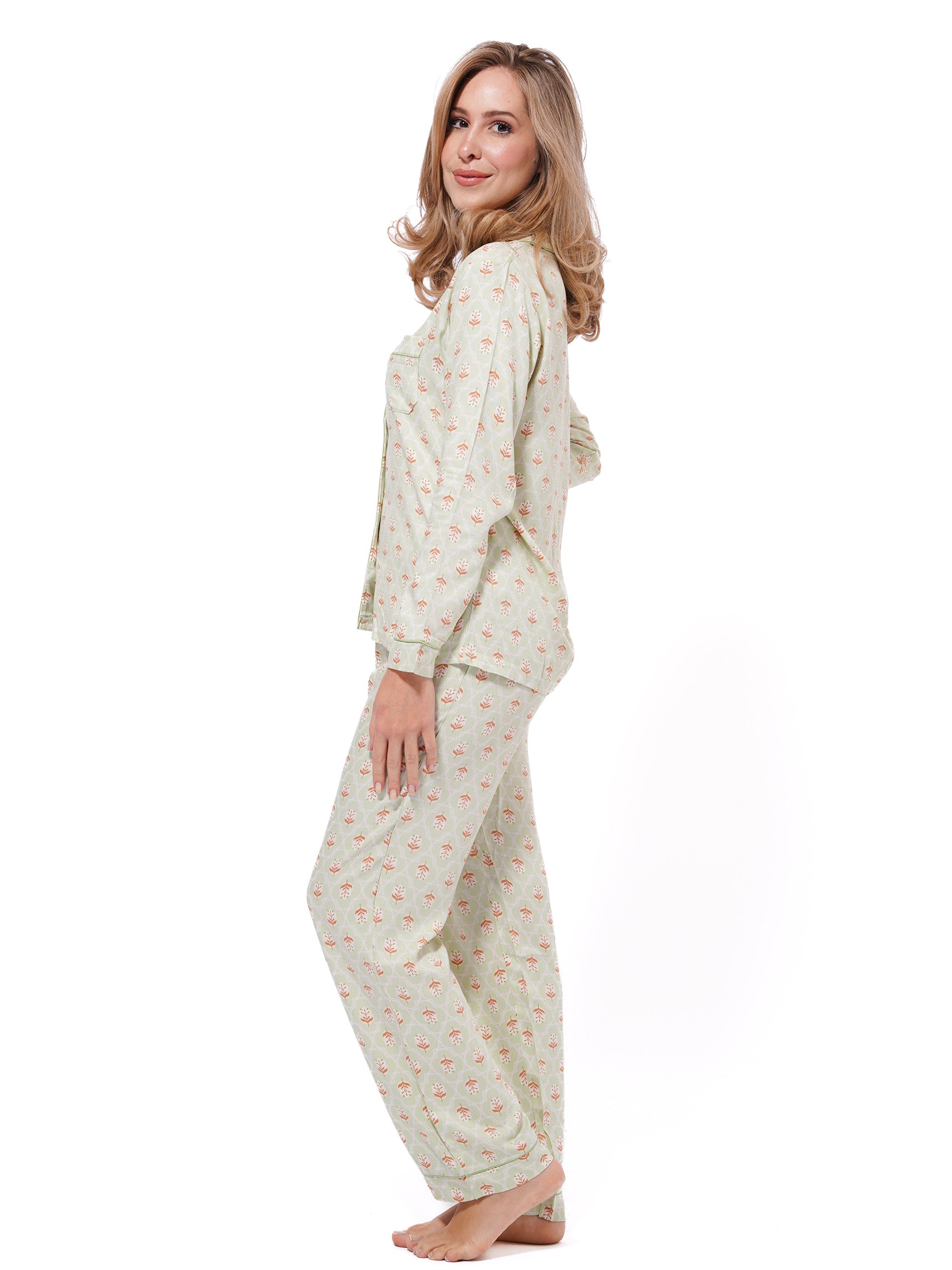 Women's Shiny Satin Light Green Leaf Printed Night Suit Set | Shirt and pajama, Nightwear Dress - inteblu
