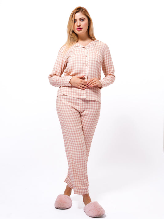Women's Shiny Satin Warm White Check Printed Night Suit Set | Shirt and pajama, Nightwear Dress - inteblu