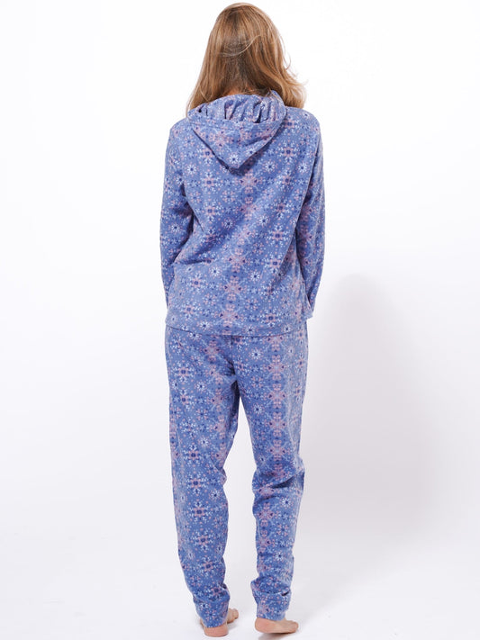 Micro Polar Fleece Blue Star Print Zipper Women Sleepwear Long Sleeve Hoodie - Inteblu™