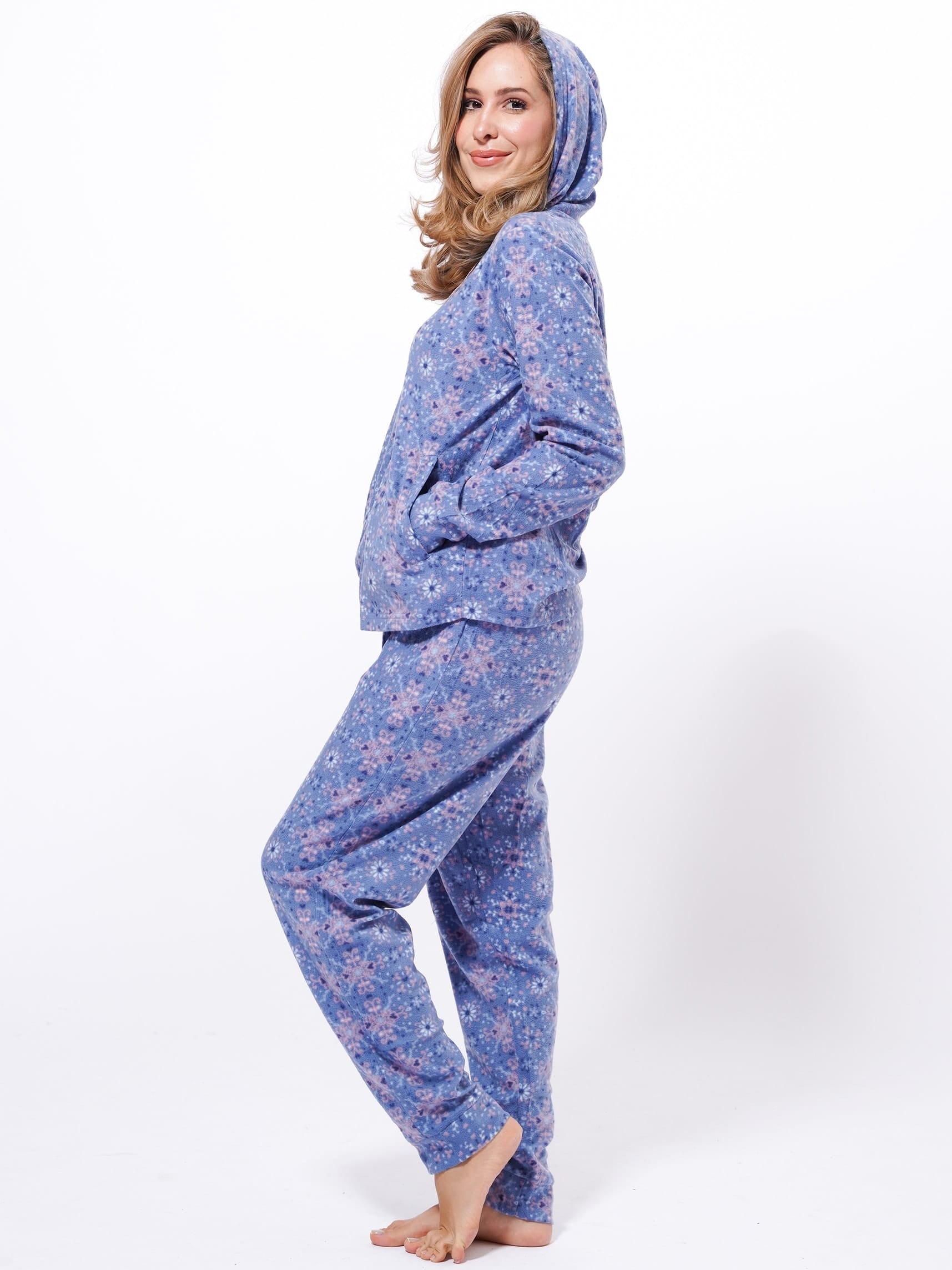 Micro Polar Fleece Blue Star Print Zipper Women's Sleepwear Long Sleeve Hoodie - inteblu