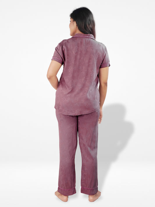 Women Dark Purple Floral Printed Night Suit Set | Shirt and pajama, Nightwear Dress - Inteblu™