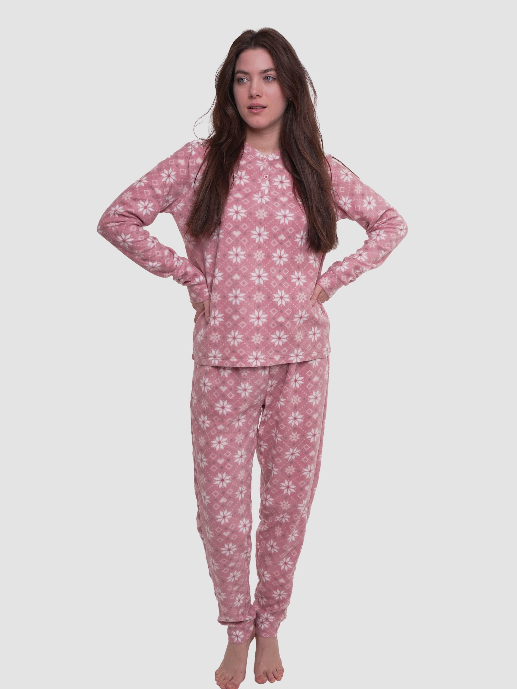 Micro Polar Fleece Star Print Women Sleepwear Long Sleeve Pyjama Set - inteblu