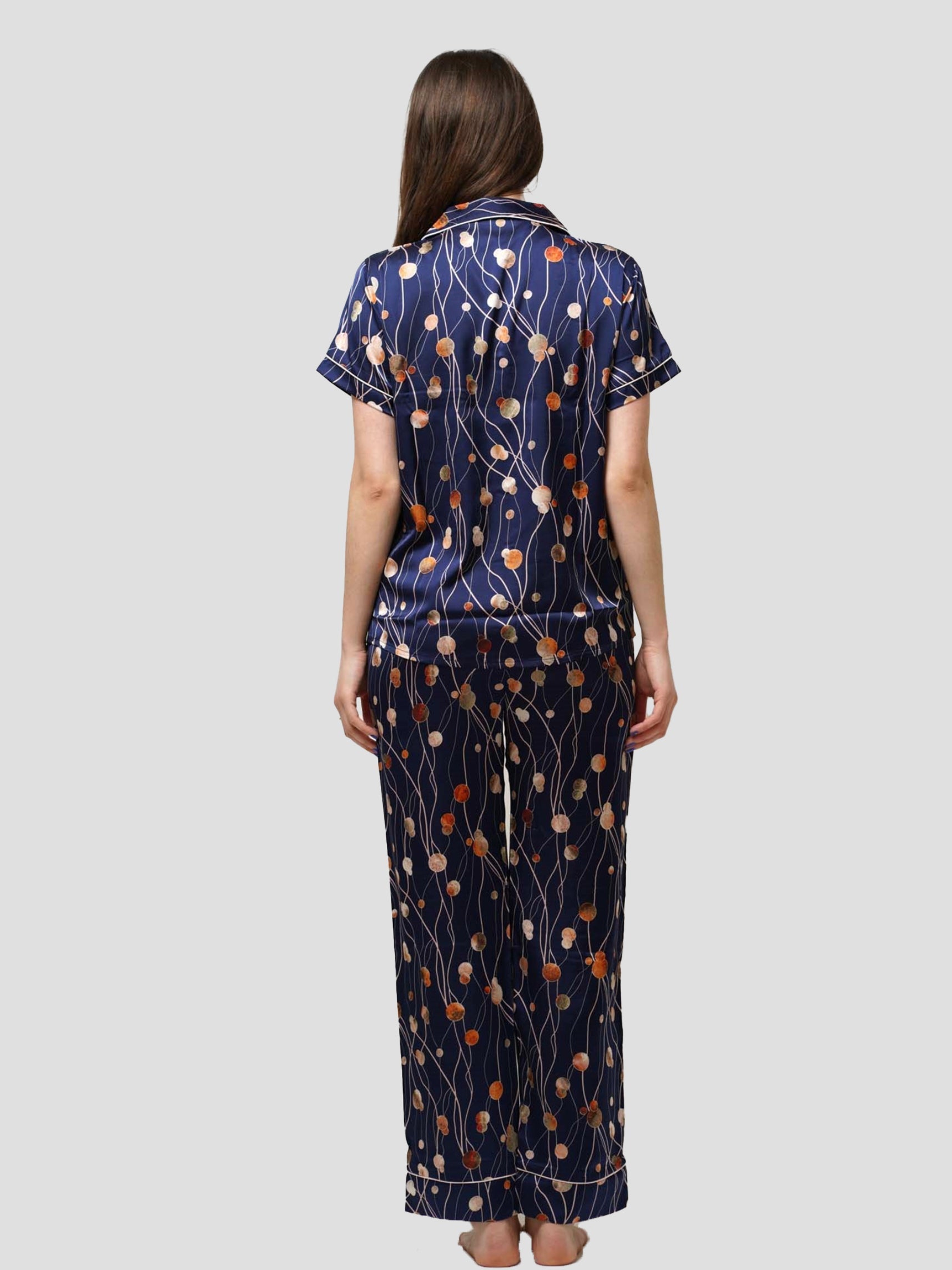 Navy abstract printed Notch collar sleepwear set in Satin fabric - inteblu
