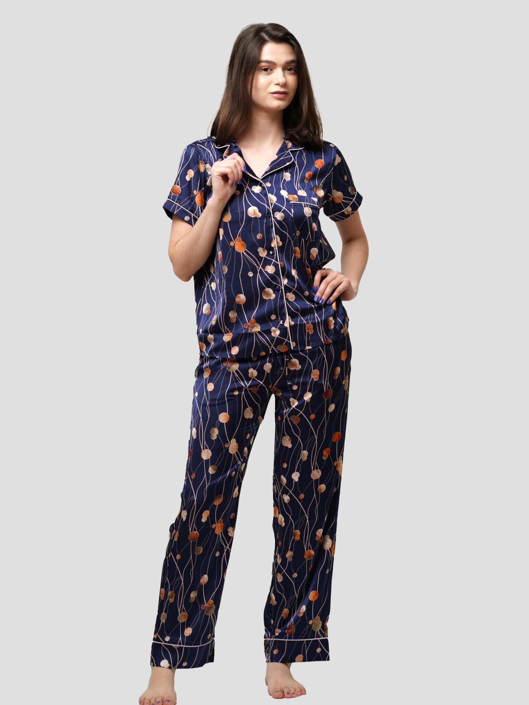 Navy abstract printed Notch collar sleepwear set in Satin fabric - inteblu