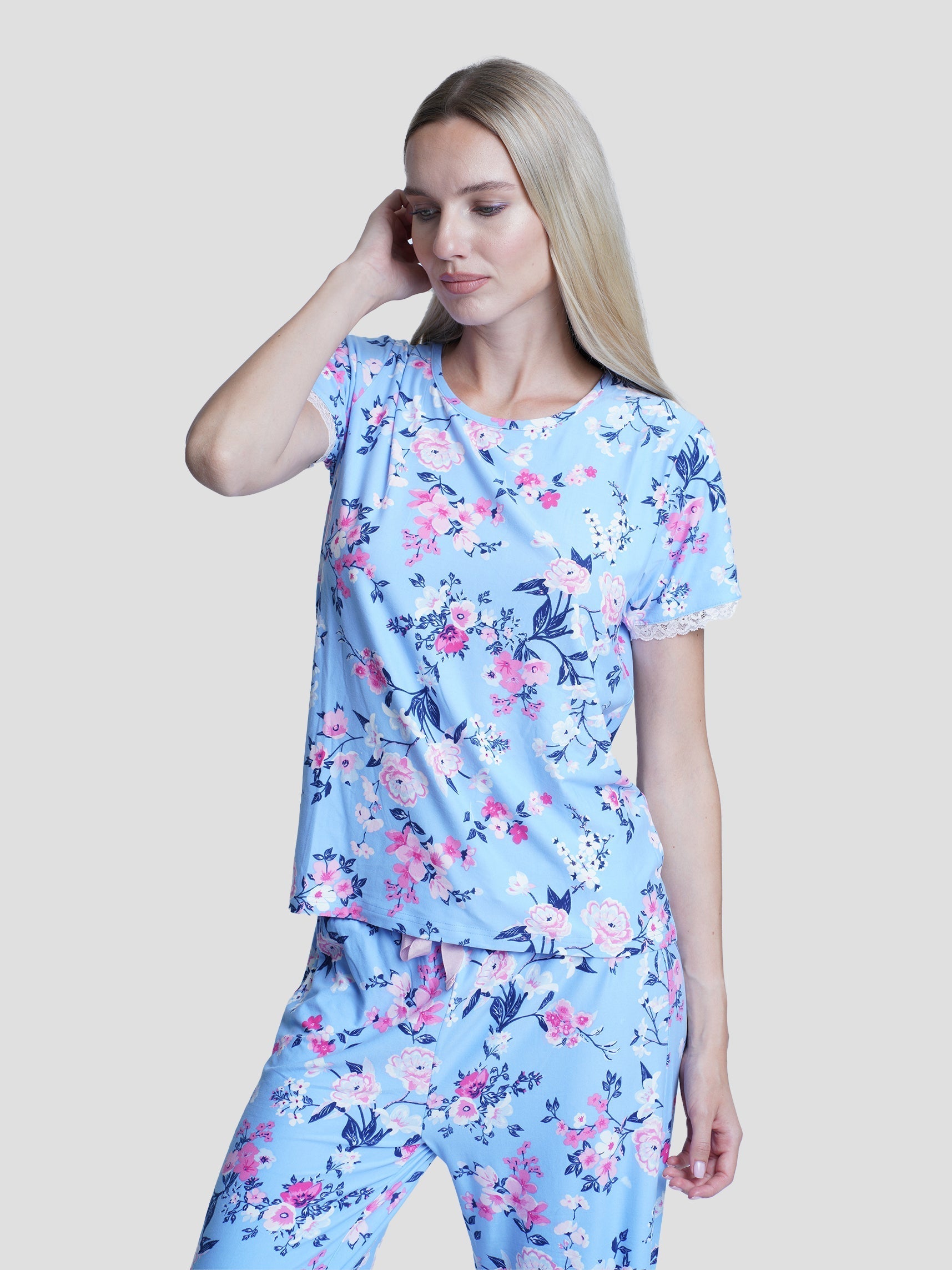 Short Sleeve Floral Pajama Set with Lace - Inteblu™