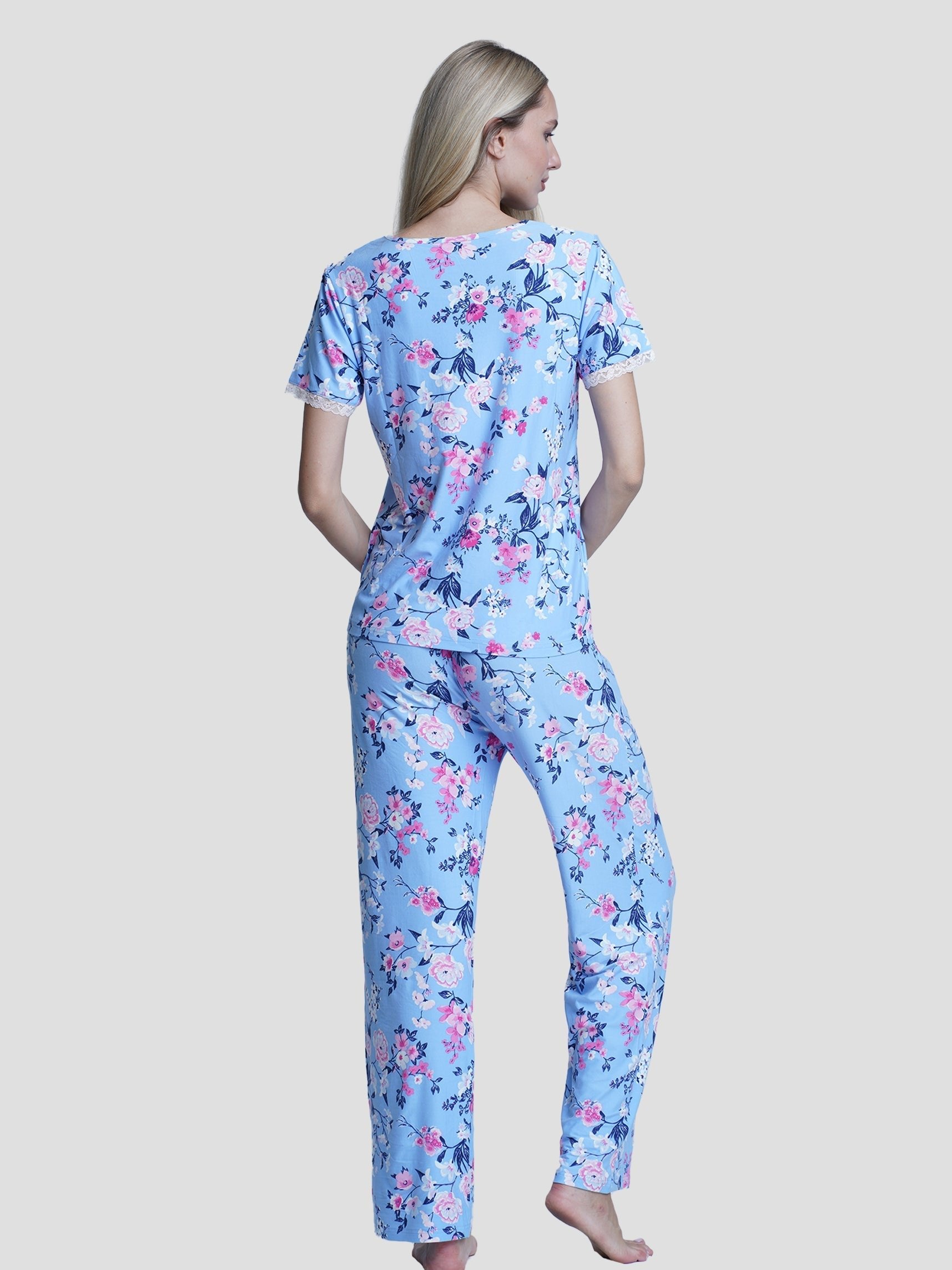 Short Sleeve Floral Pajama Set with Lace - Inteblu™