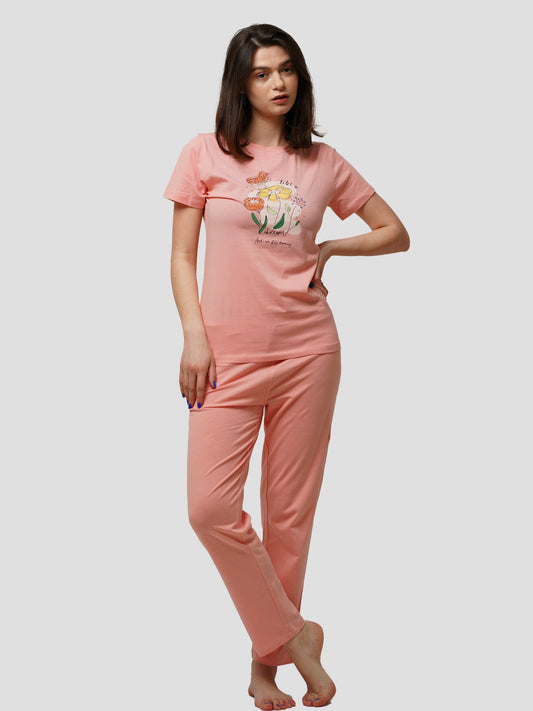 Women Crew Neck Cotton Short Sleeve Print Loungewear Pyjama Set - inteblu