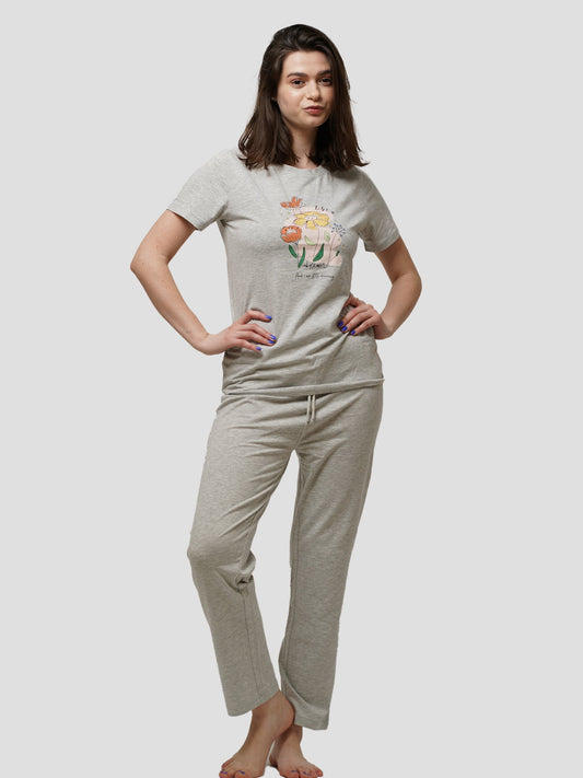 Women Crew Neck Cotton Short Sleeve Print Loungewear Pyjama Set - Inteblu™