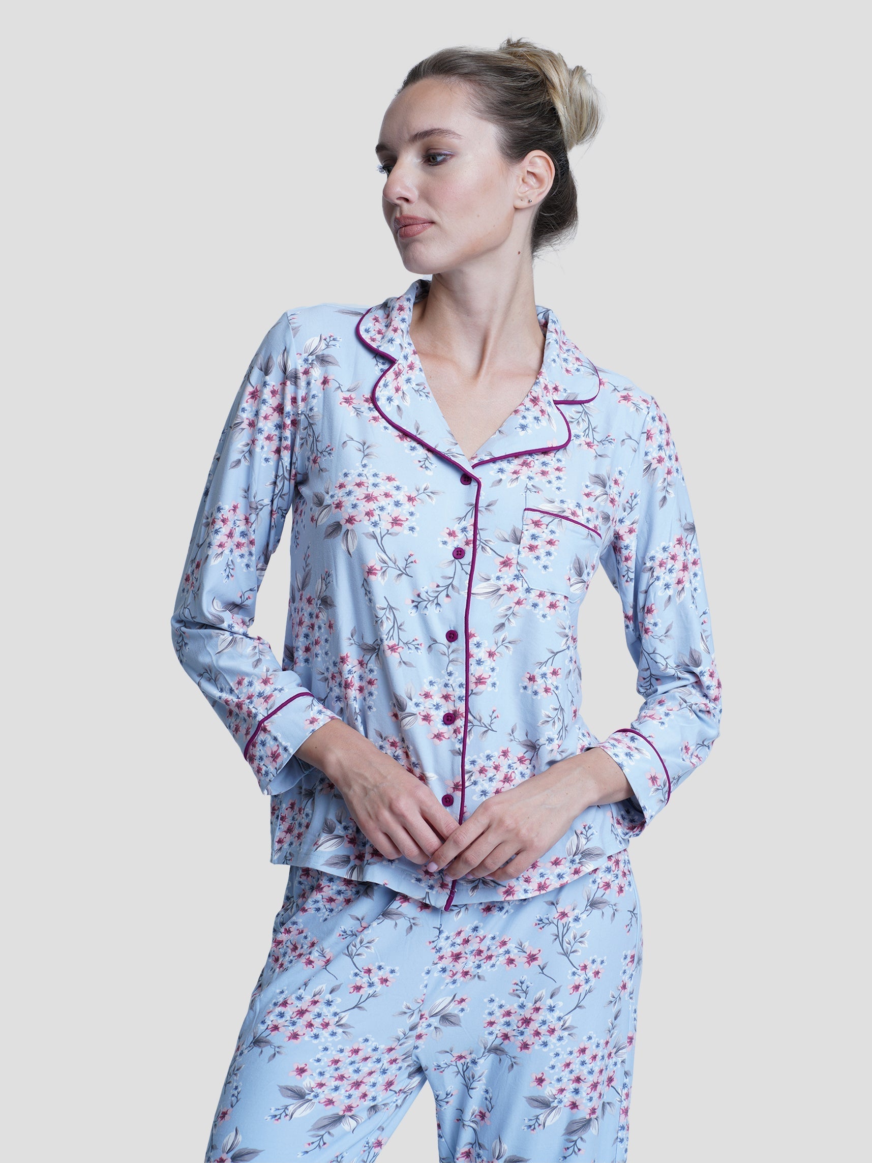 Women Notch-Collar Floral Print Top & Pants Pyjama Set - inteblu