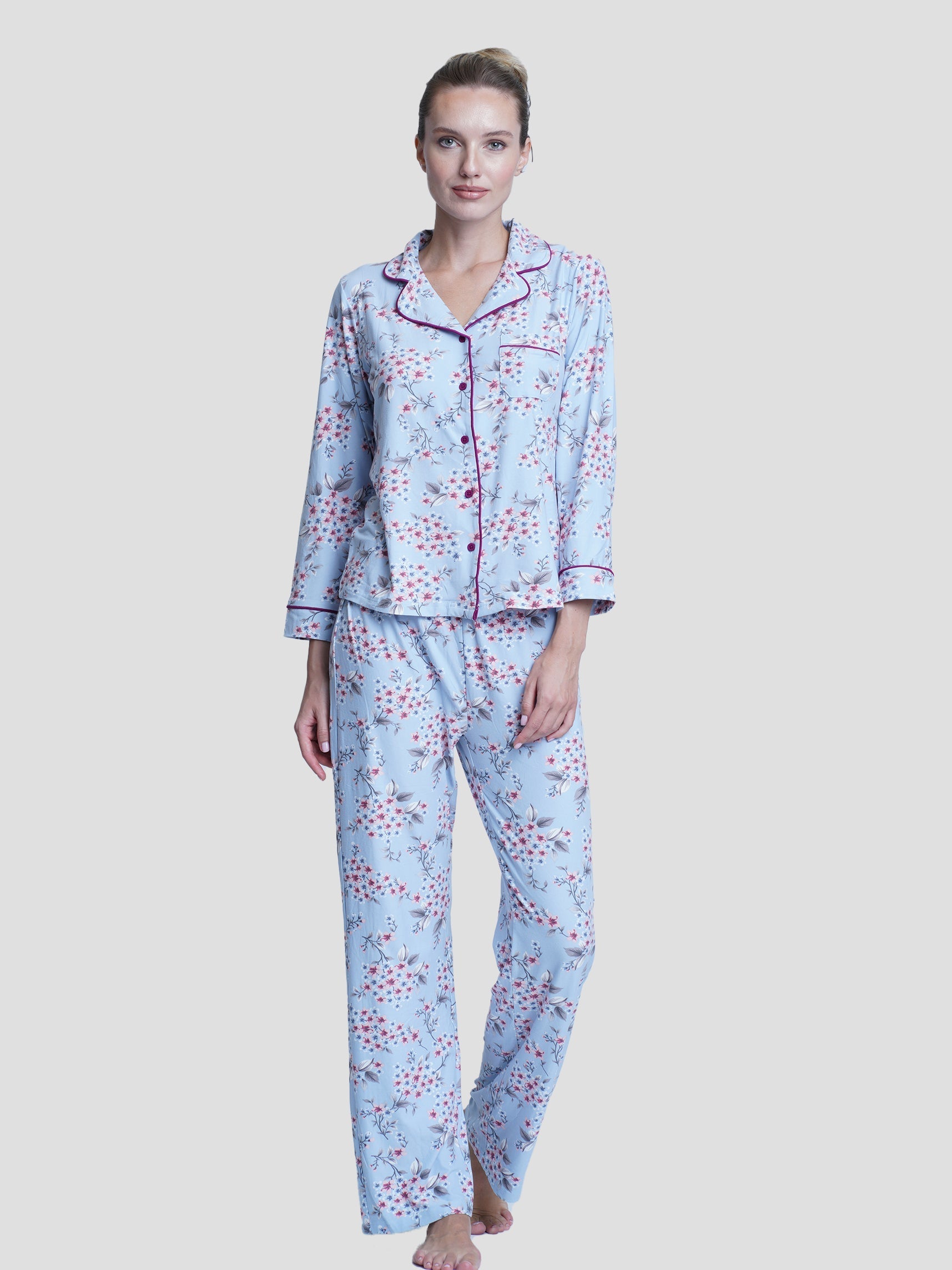 Women Notch-Collar Floral Print Top & Pants Pyjama Set - inteblu