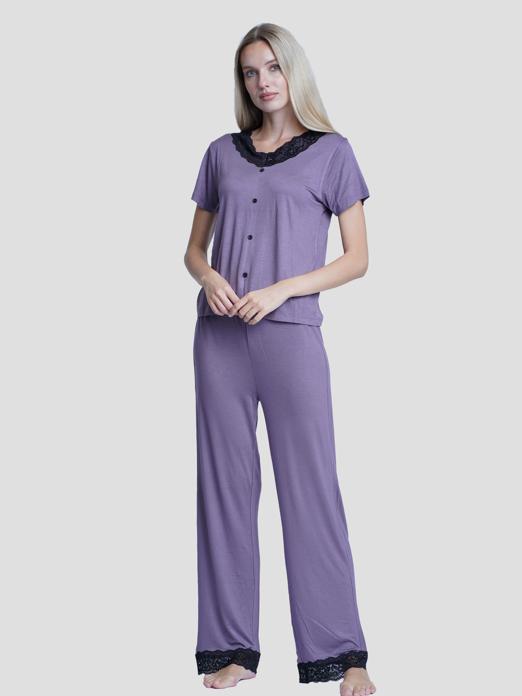 Women sleepwear Set Contrast Lace - inteblu
