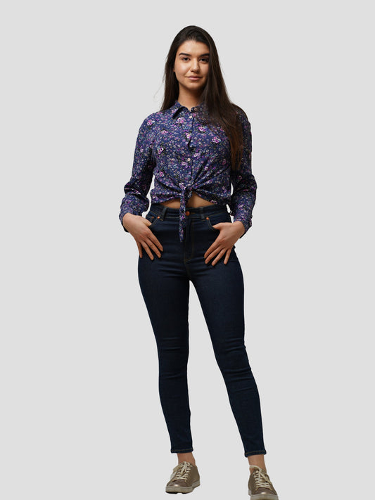 Women's Casual Full Sleeves print Crop Top Shirt - inteblu