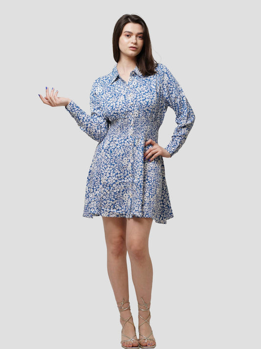 Women's Casual Long-Sleeved Floral Print Dress in Blue, White Print (Minimal floral print) - inteblu