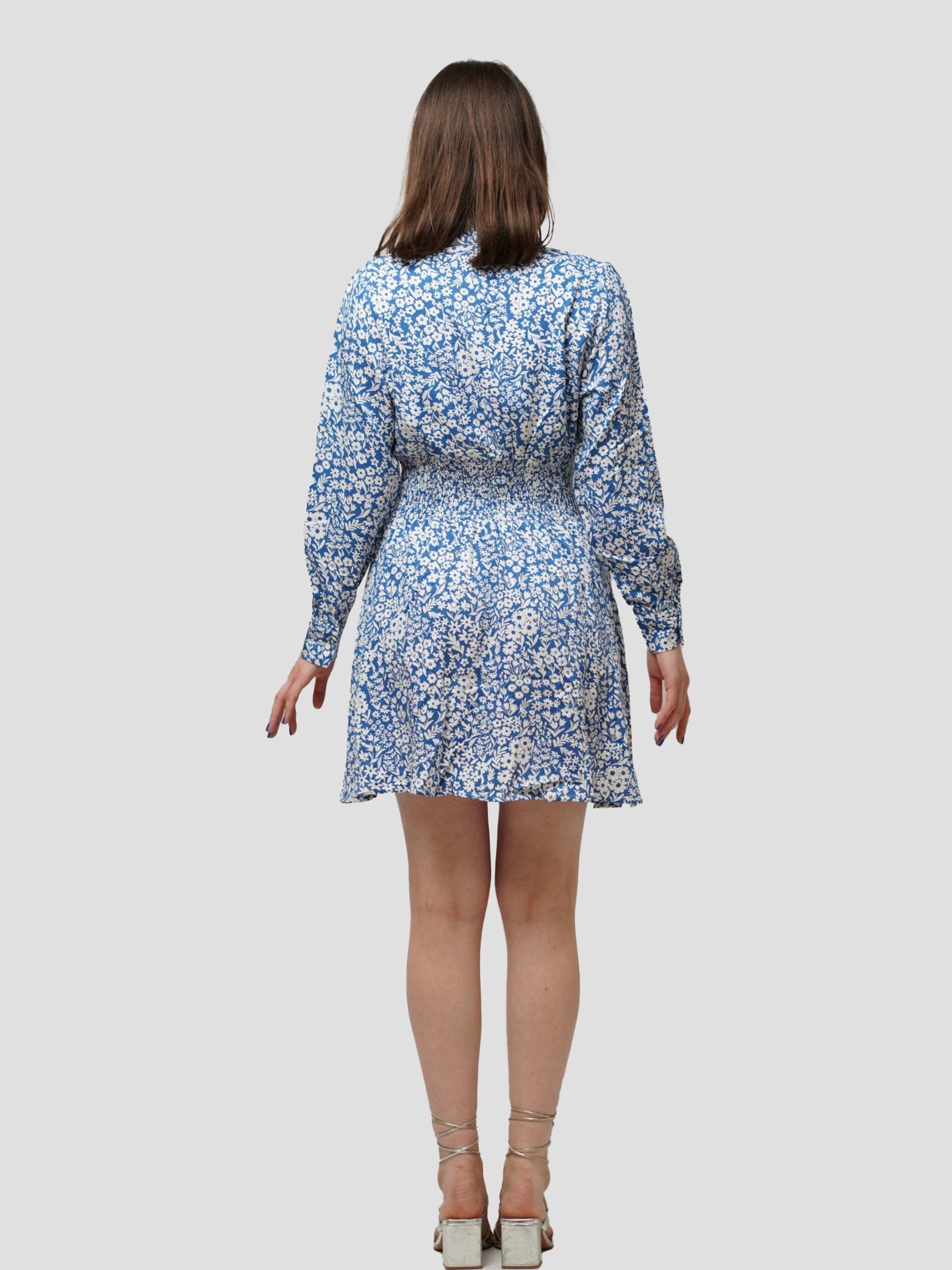 Women's Casual Long-Sleeved Floral Print Dress in Blue, White Print (Minimal floral print) - inteblu