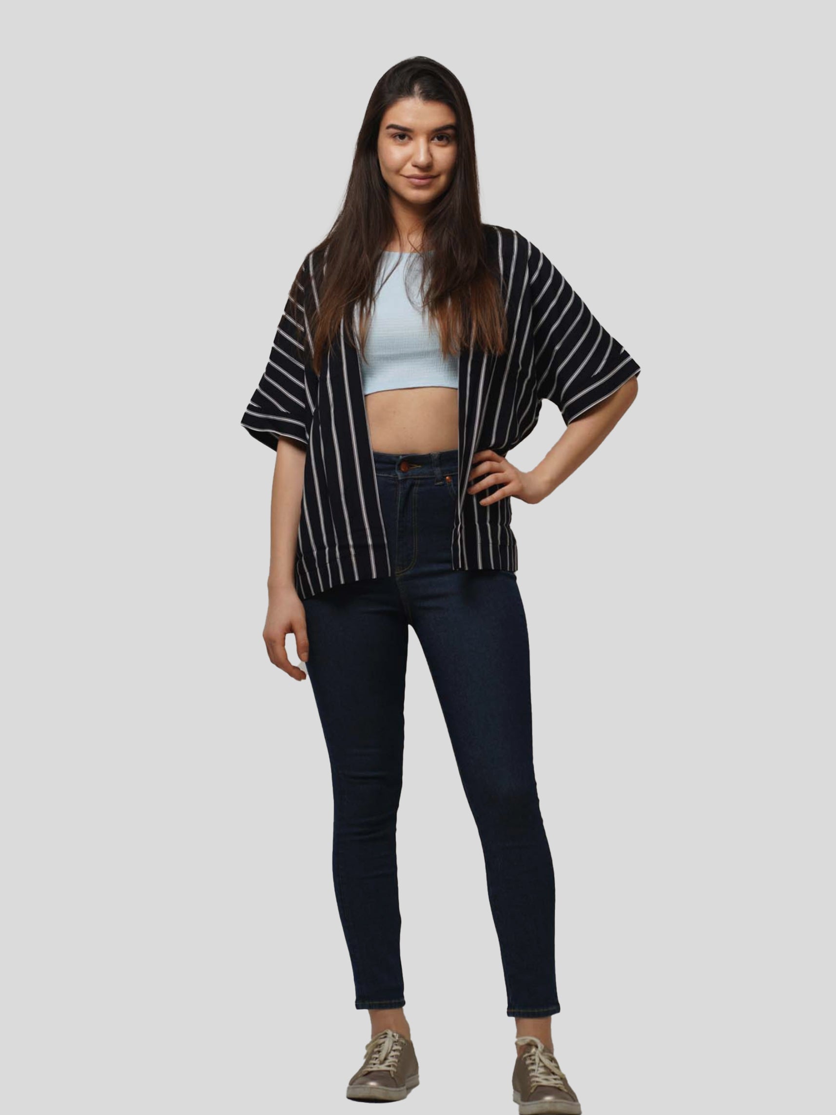 Womens Half Sleeve Tops Stripe Printed Loose Fit Western Style shrugs | Top only. - inteblu